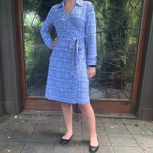 Blue and white paisley wrap dress